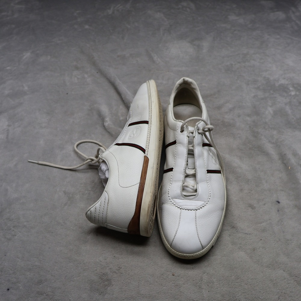 Gucci Mens 12 Sneakers White Leather Low Top Lace-Up Casual Classic‎ Driving VTG